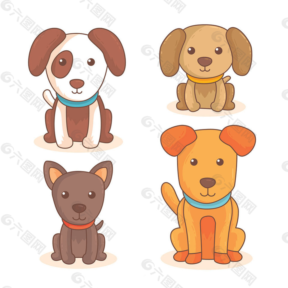 四种不同品种可爱的狗矢量设计素材