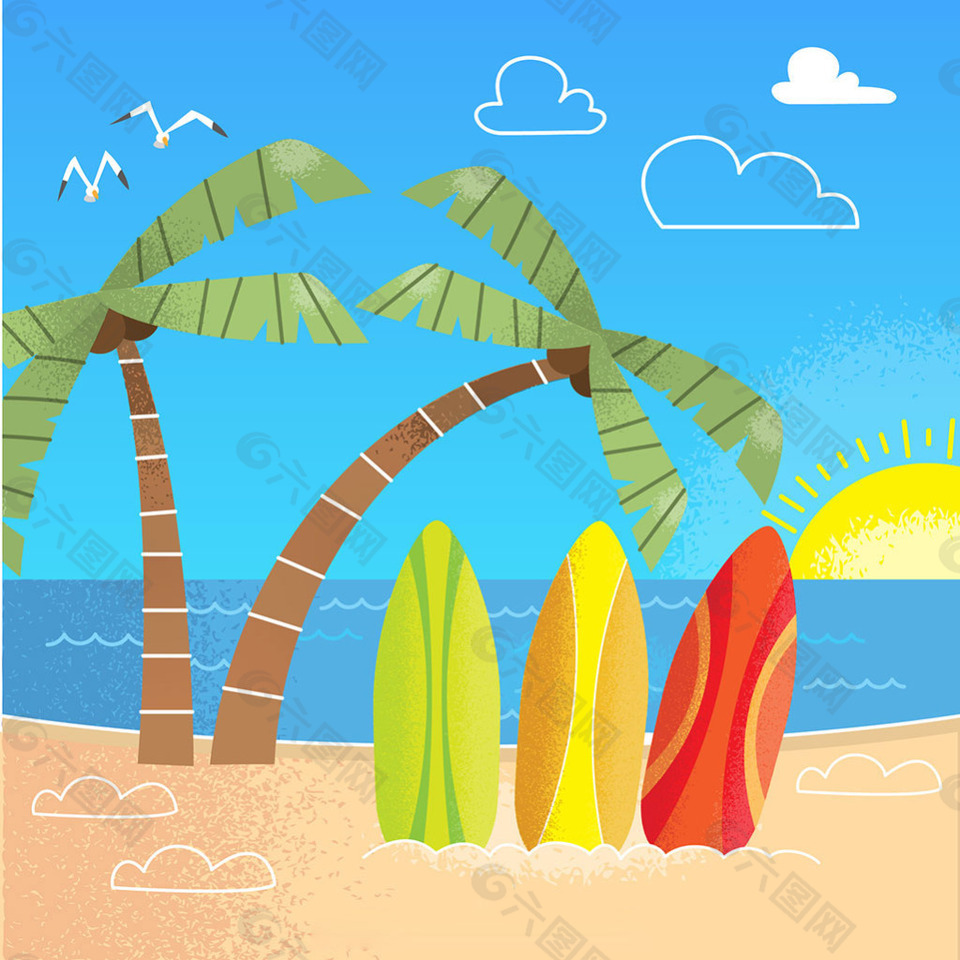 热带海滩风景椰树冲浪板背景素材