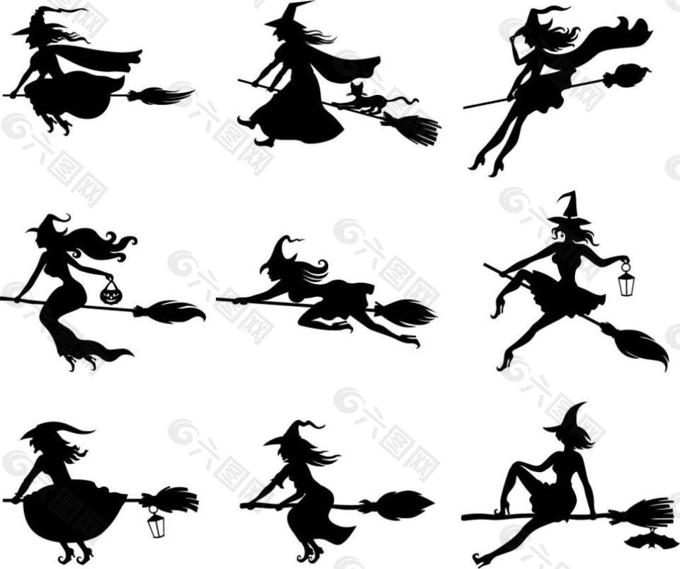 骑扫帚的女巫剪影矢量素材下载