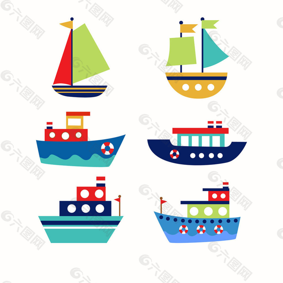 六种彩色船平面设计图标素材