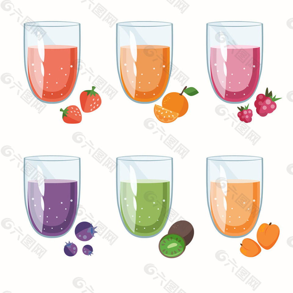 6种玻璃杯装的果汁矢量素材