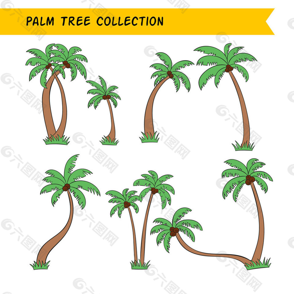 手绘各种姿态棕榈树矢量素材
