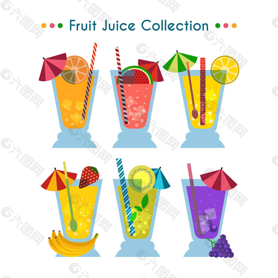 6种夏日玻璃杯装的果汁矢量设计素材