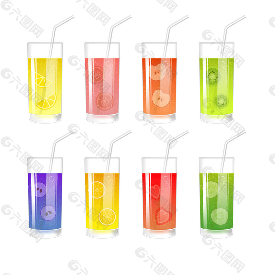八玻璃杯不同果汁矢量设计素材