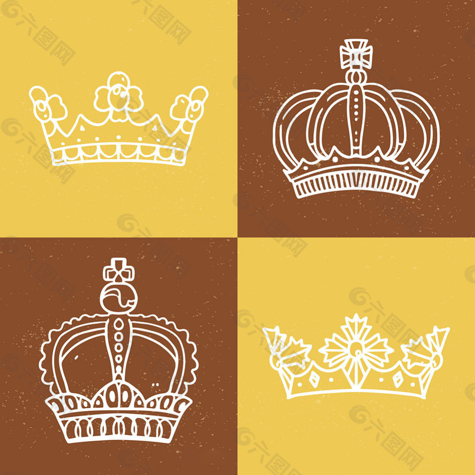 四个手绘风格不同形状皇冠矢量设计素材