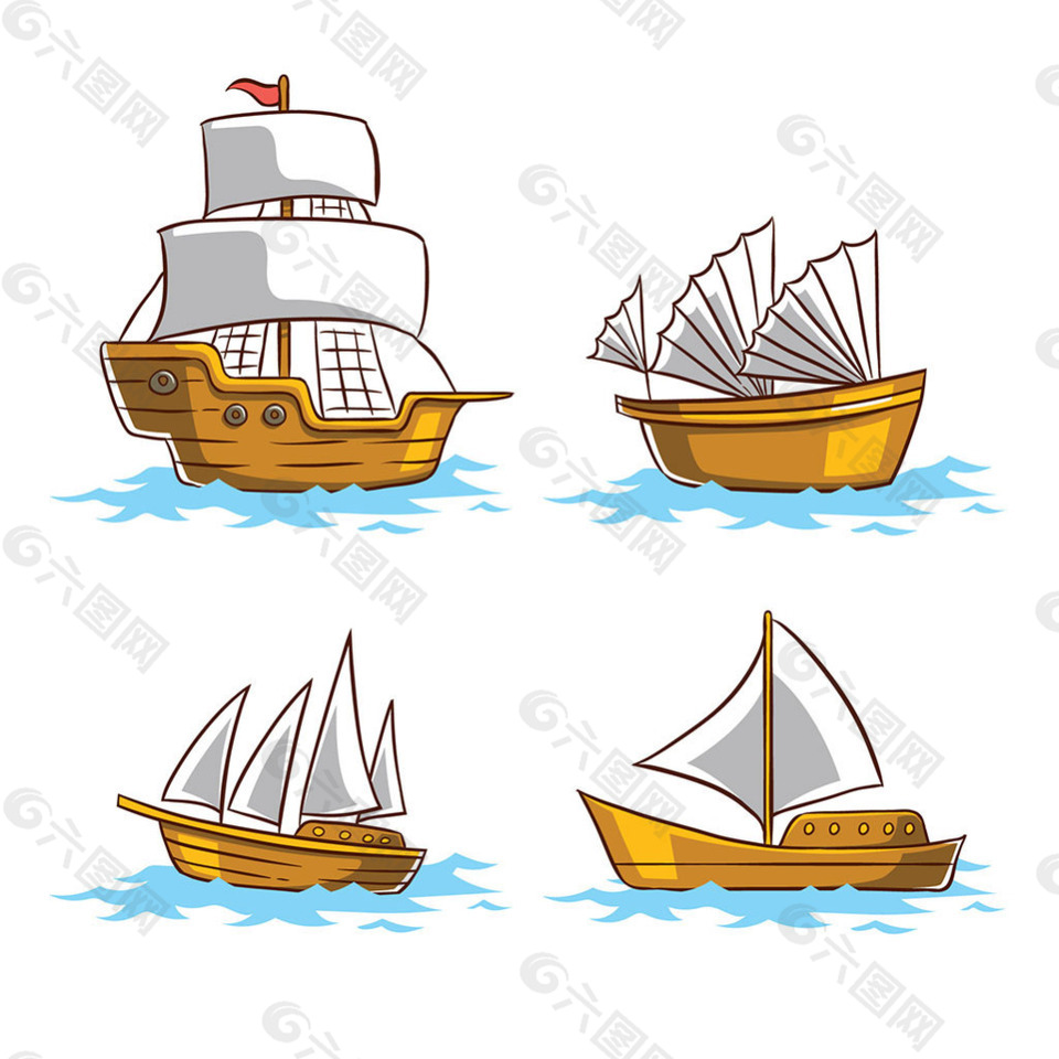四种不同的手绘木帆船矢量设计素材