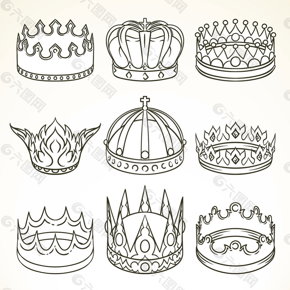 九个豪华皇冠手绘风格矢量设计素材