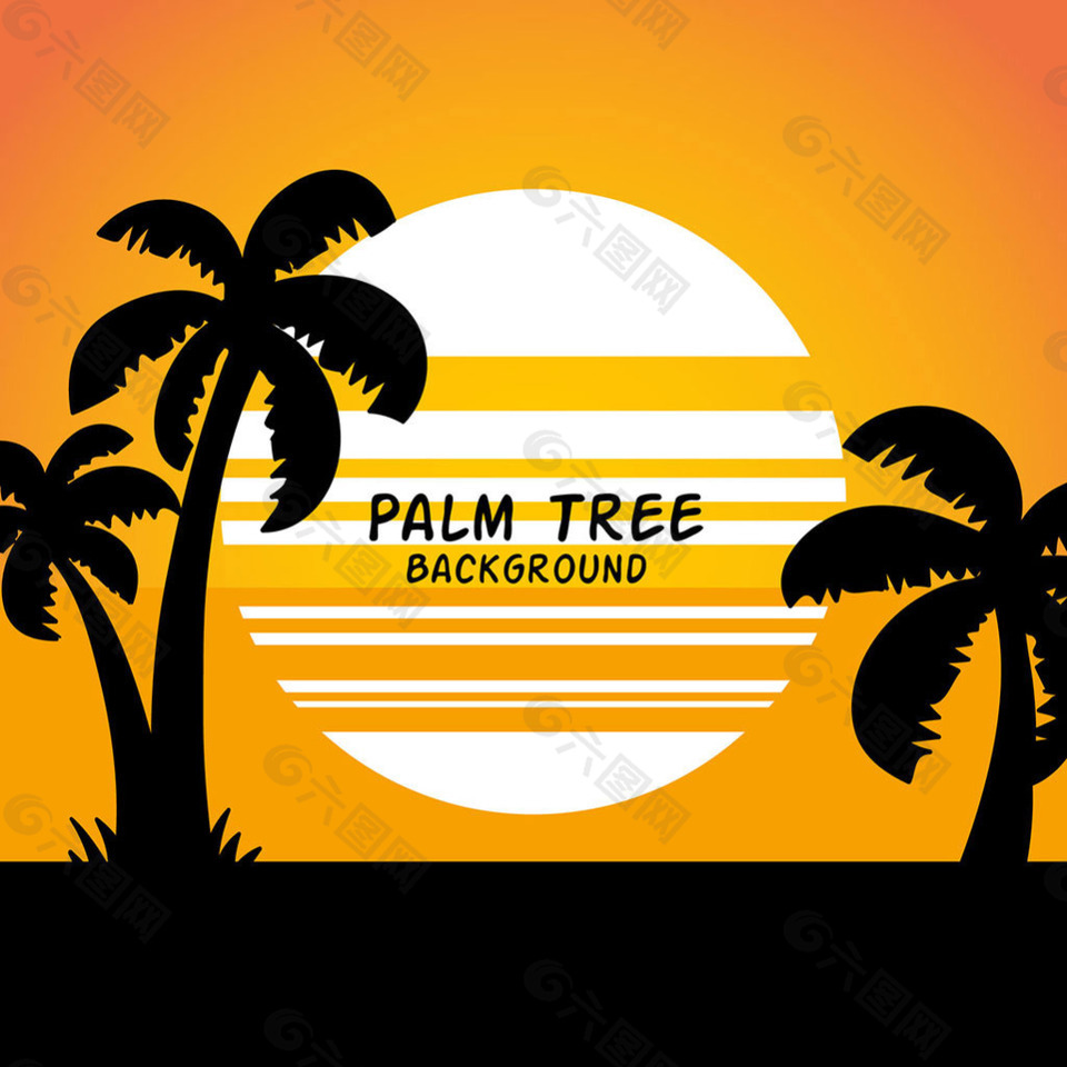 日落背景与太阳棕榈树剪影矢量设计素材