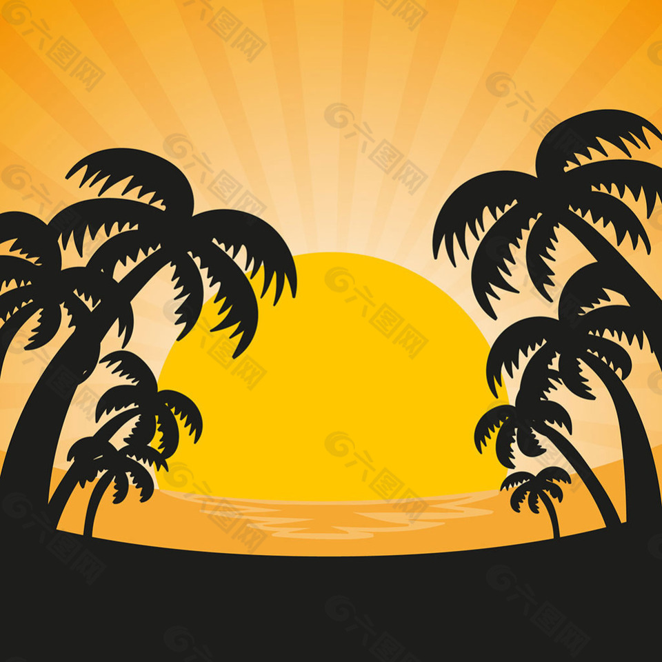 日落背景与太阳棕榈树剪影矢量设计素材