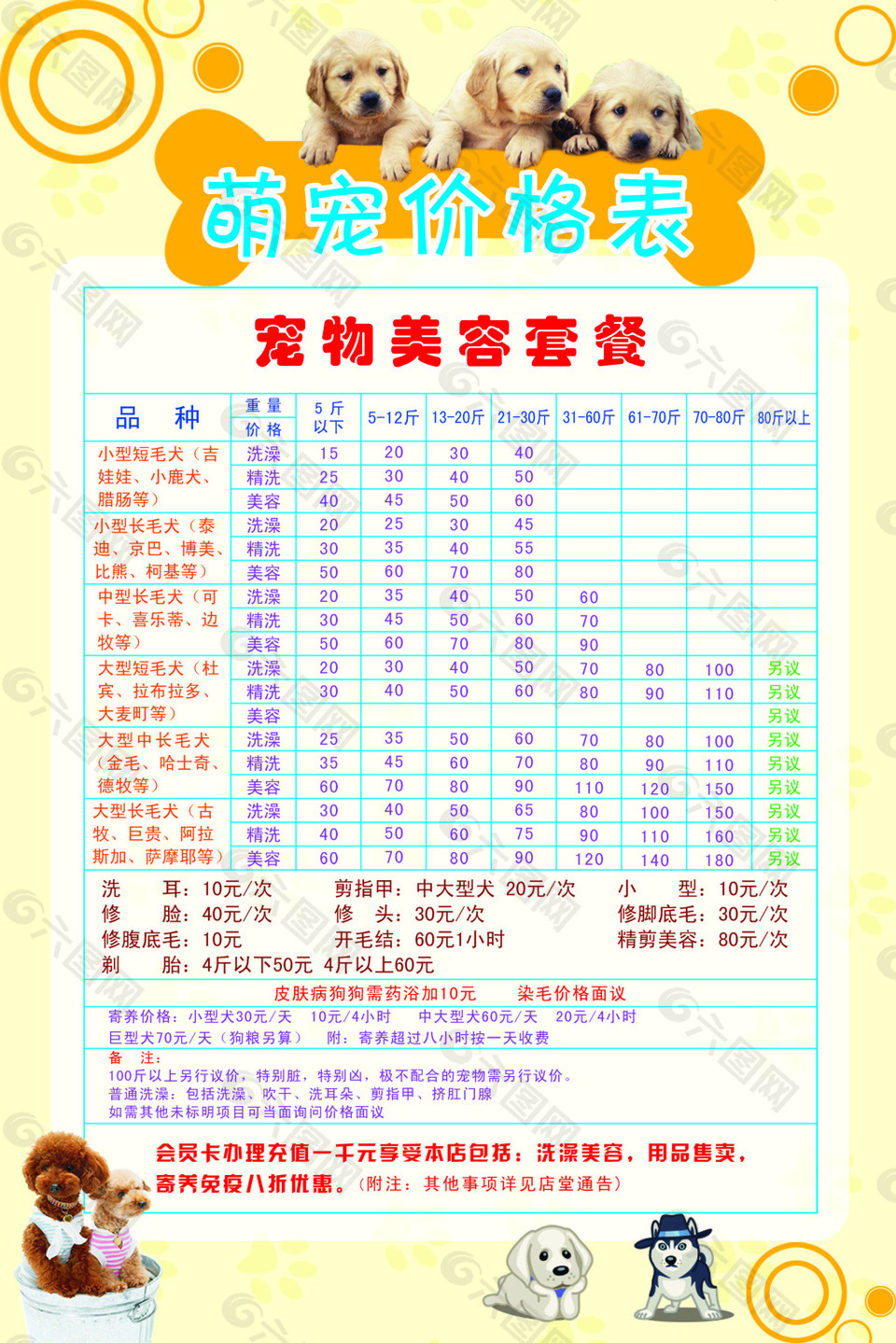 宠物美容价格表