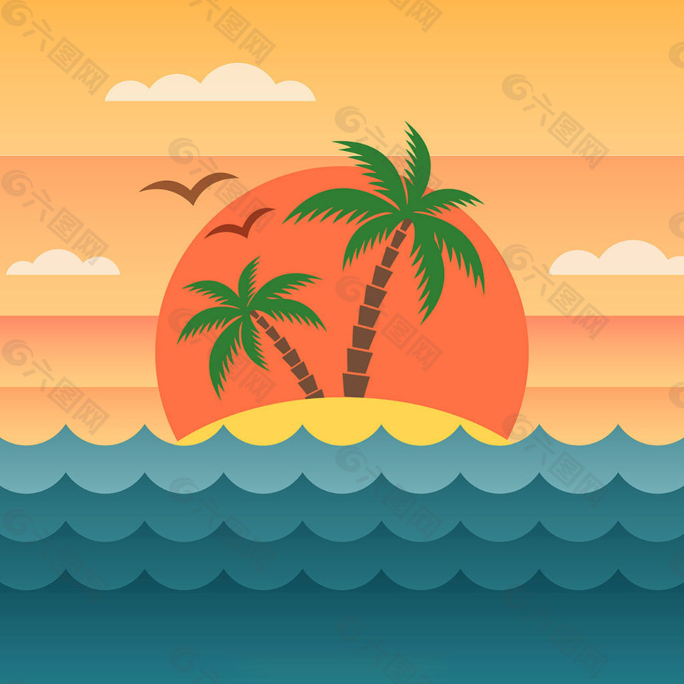 日落小岛椰子树背景矢量设计素材