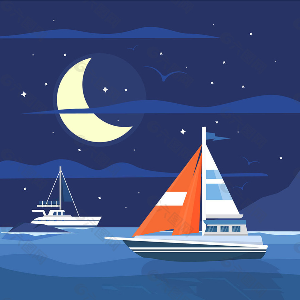 月亮下海上的帆船夜晚背景