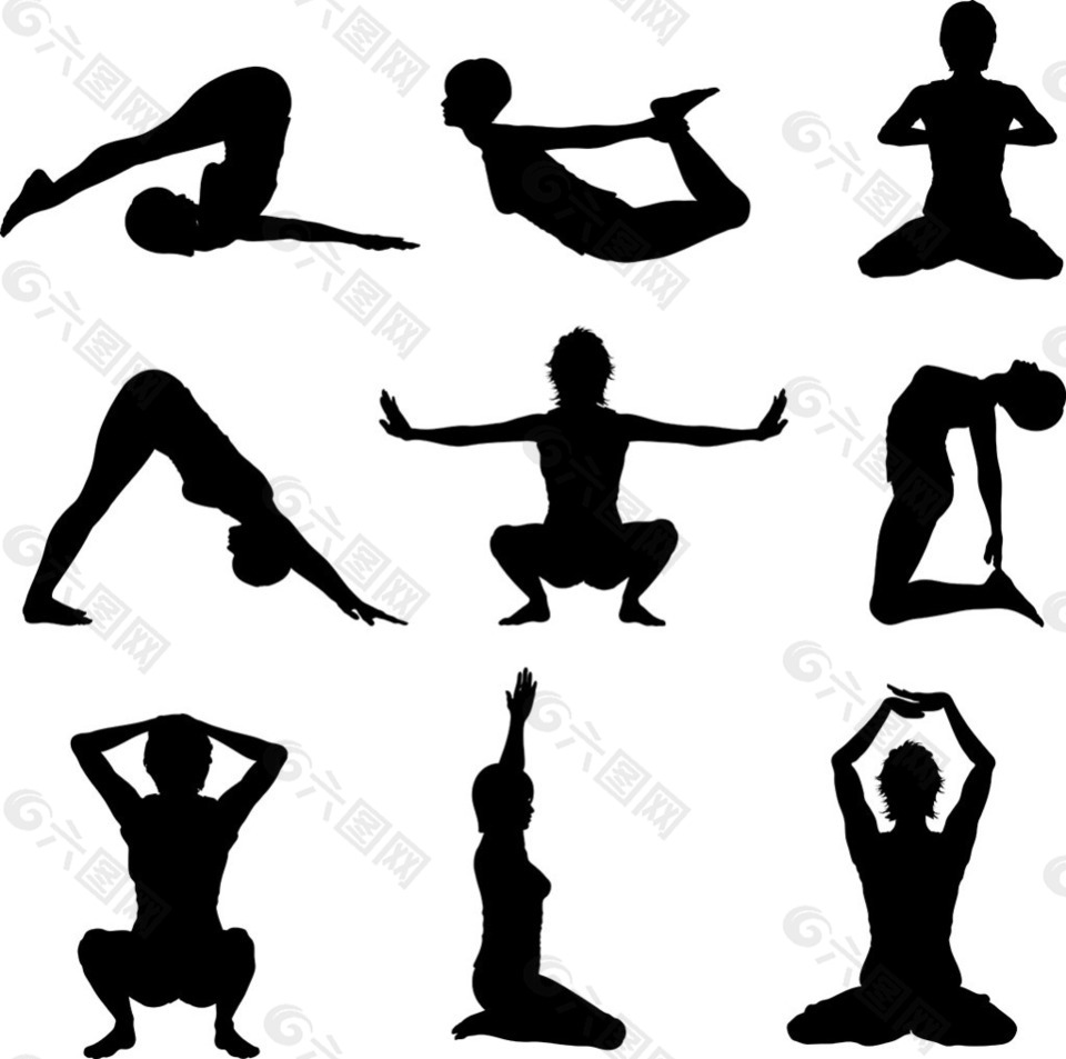 各种妇女瑜伽姿势剪影矢量素材