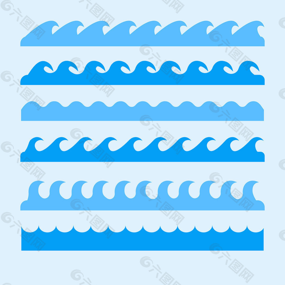六个蓝色的不同波浪纹边框矢量设计素材