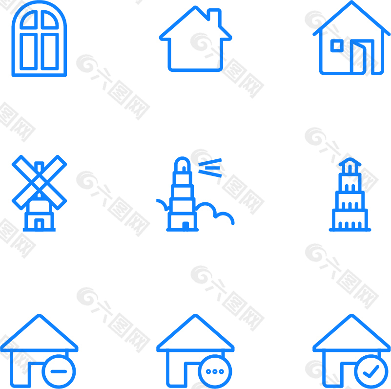 线条房屋和树图标蓝色线条图标矢量图源文件