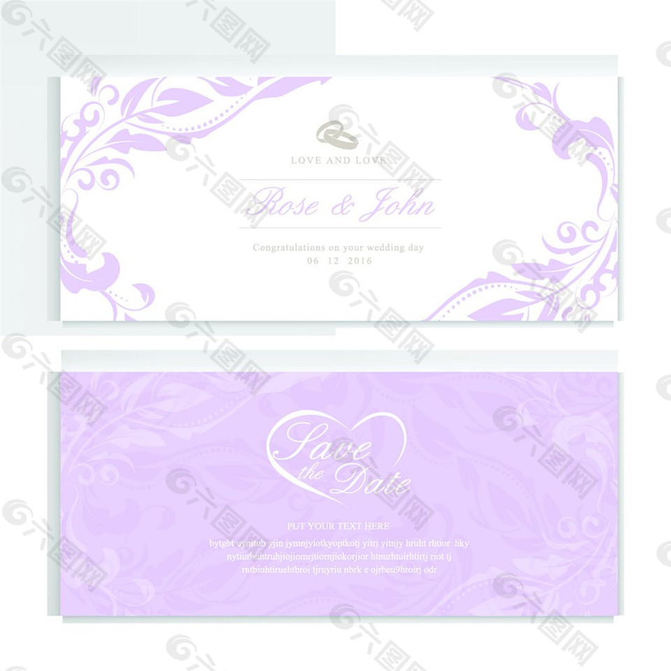 紫色心形花纹婚礼请贴图片
