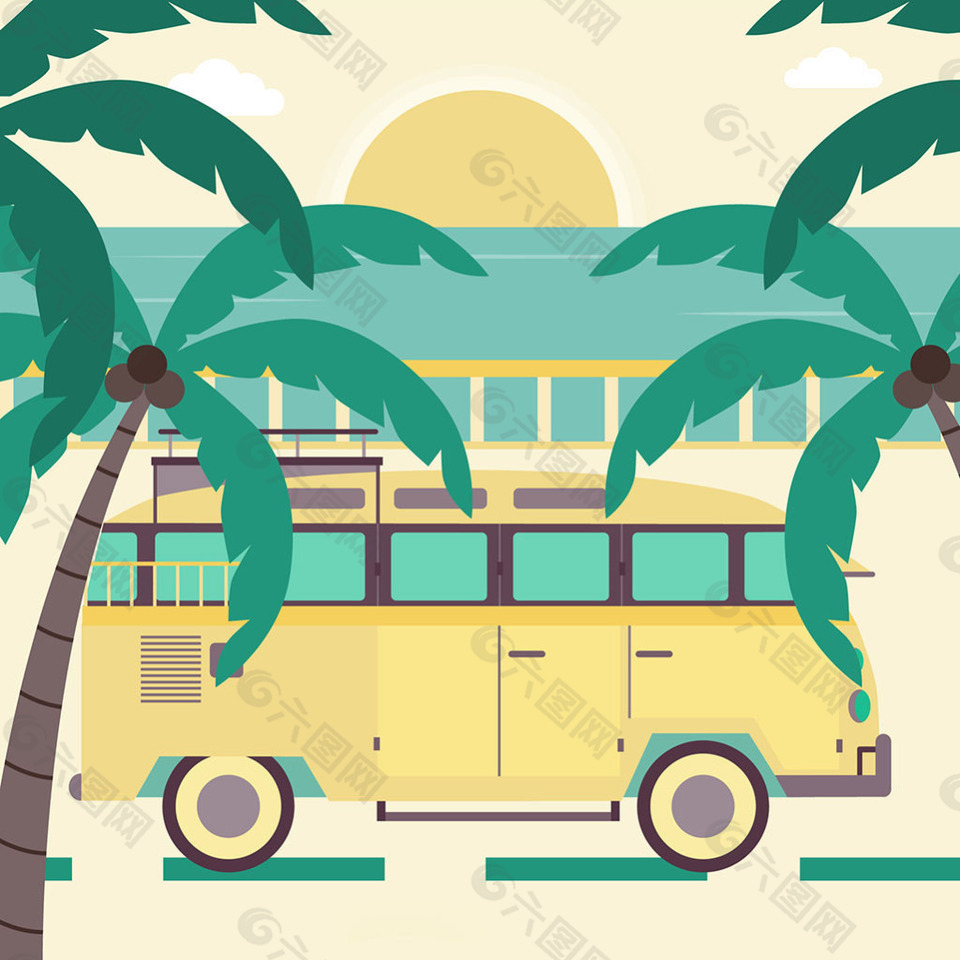 棕榈树黄色公共汽车日落背景