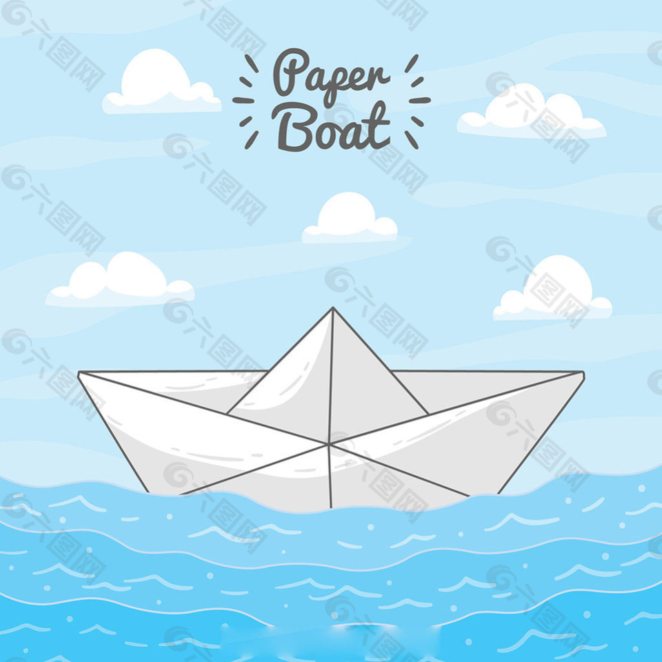 纸船帆船蓝色海上背景