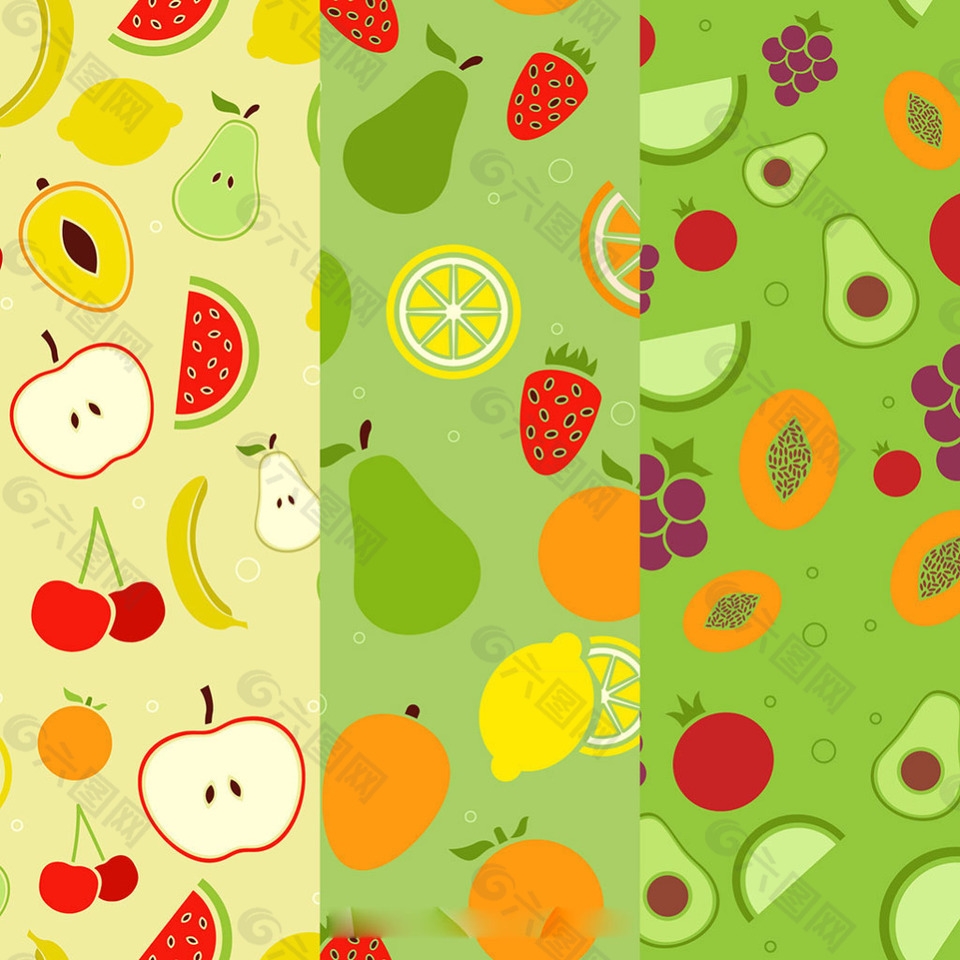 三种扁平风格水果元素装饰图案