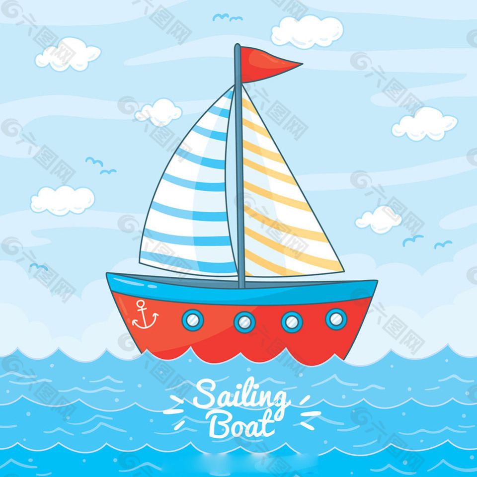 红色帆船海天蓝色背景