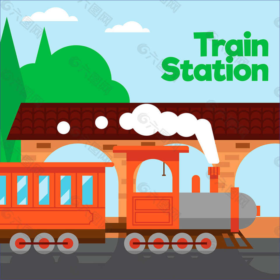 扁平风格橙色火车与火车站矢量背景素材