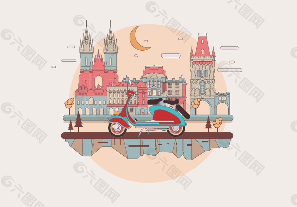手绘复古摩托车城市背景