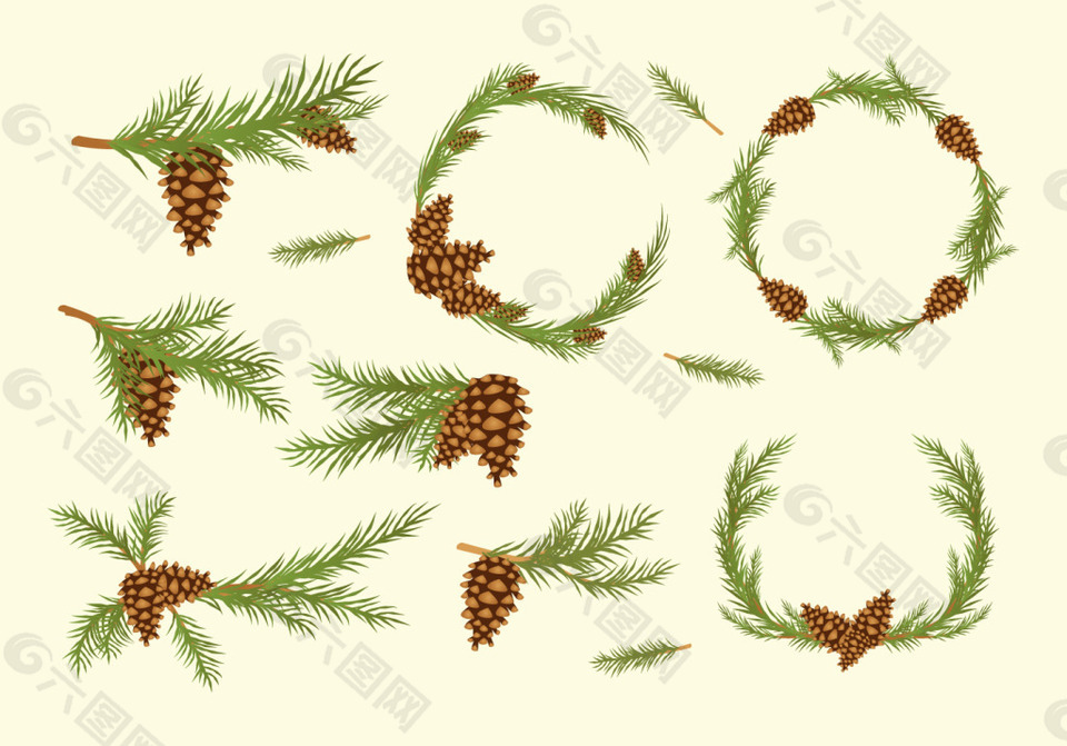 矢量手绘松果松树枝