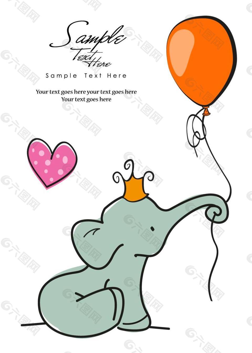 卡通大象与气球插画矢量素材下载