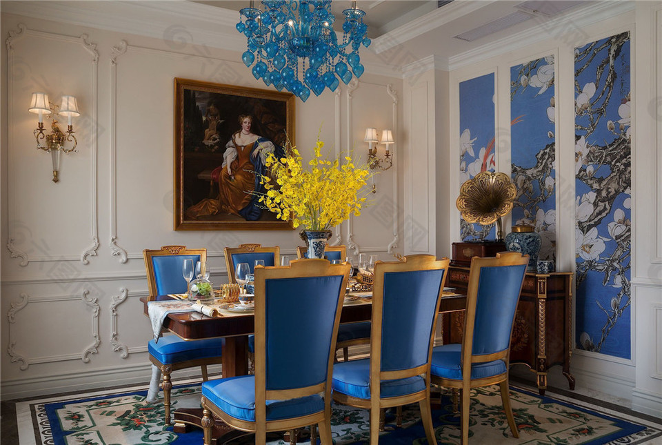 法式豪华蓝色餐厅餐桌设计图