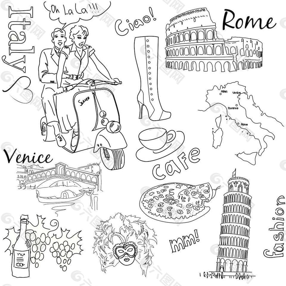 意大利风格元素 意大利漫画简笔图