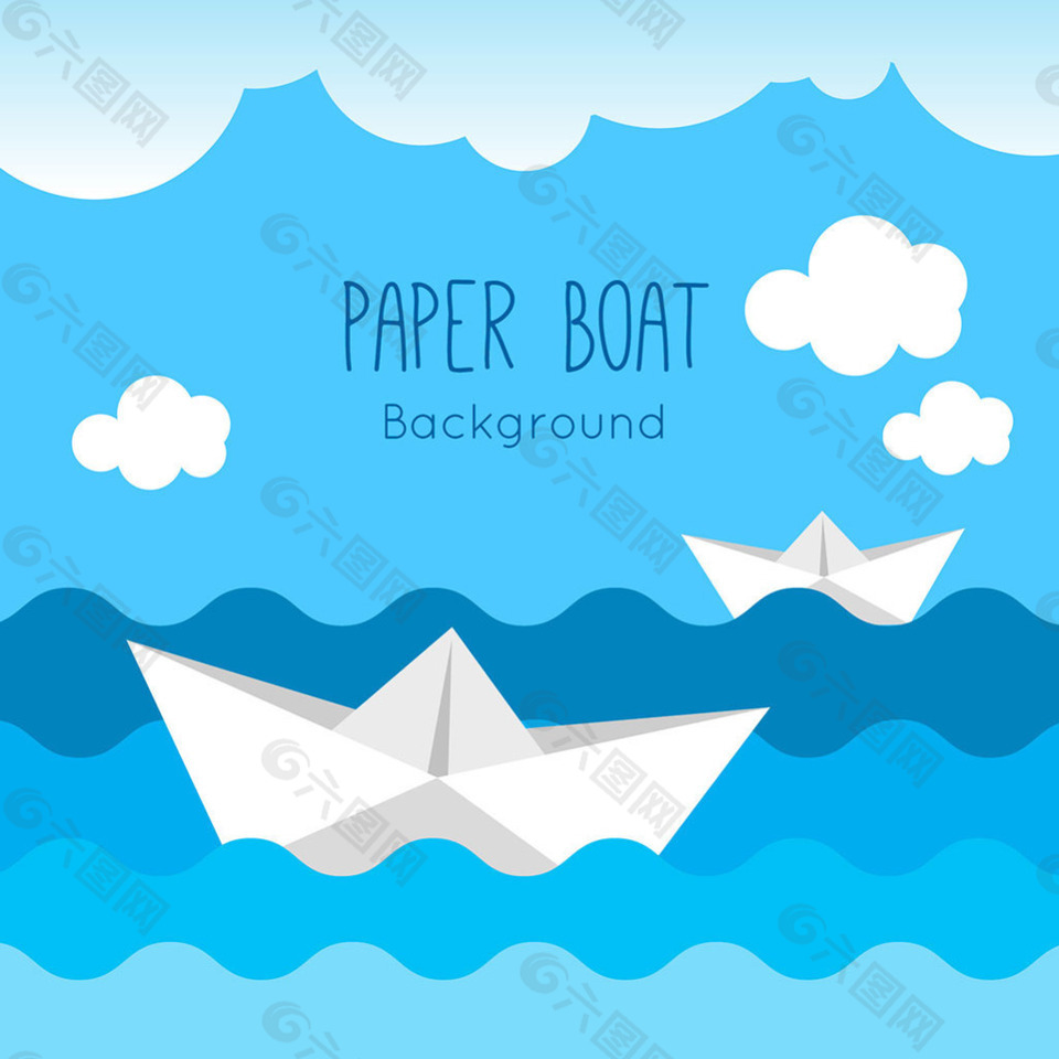 白色纸船蓝色海浪背景