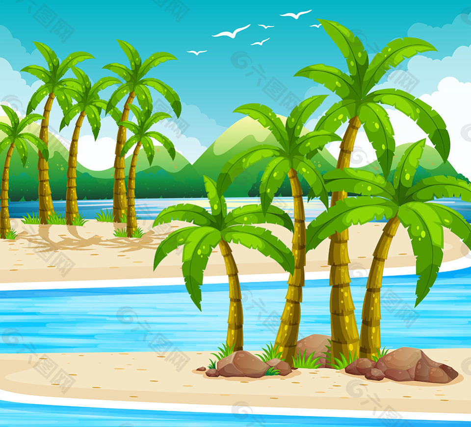 海滩景色棕榈树插图