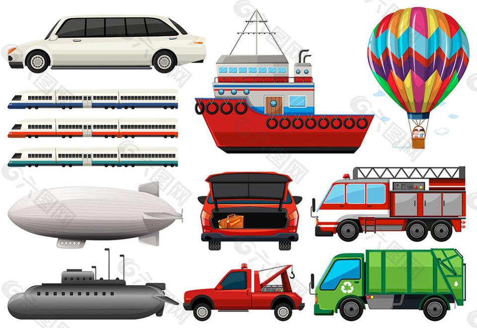 不同类型的运输交通工具矢量素材