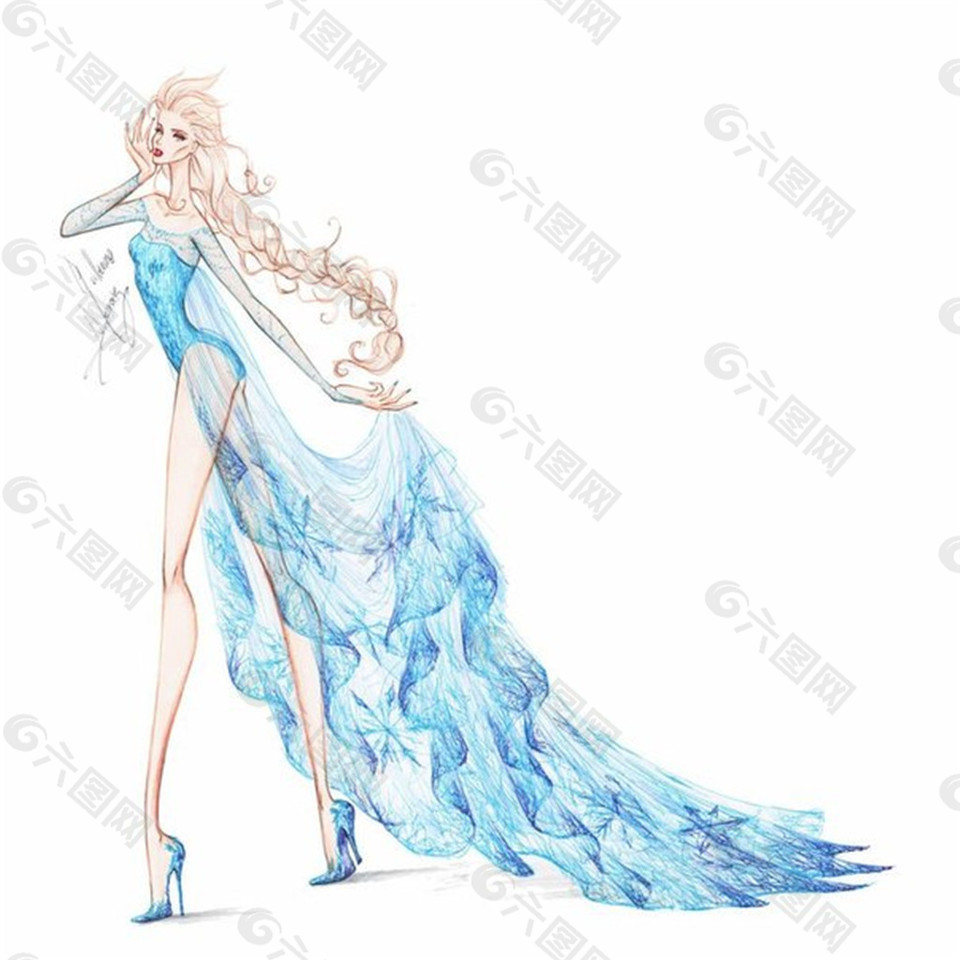 蓝色婚纱长裙设计图