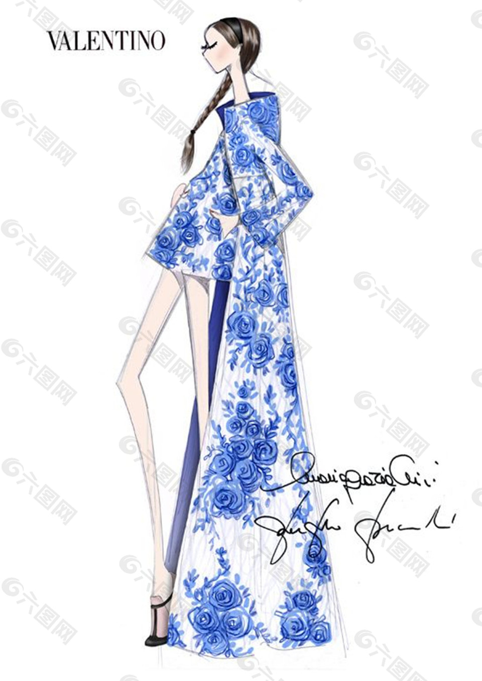 青花瓷连衣裙披风设计图
