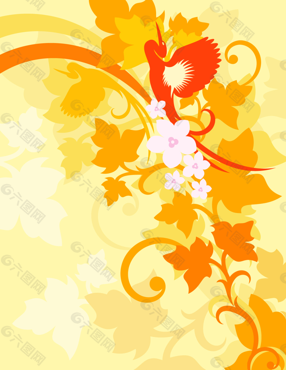 鸟儿树叶花纹背景图案