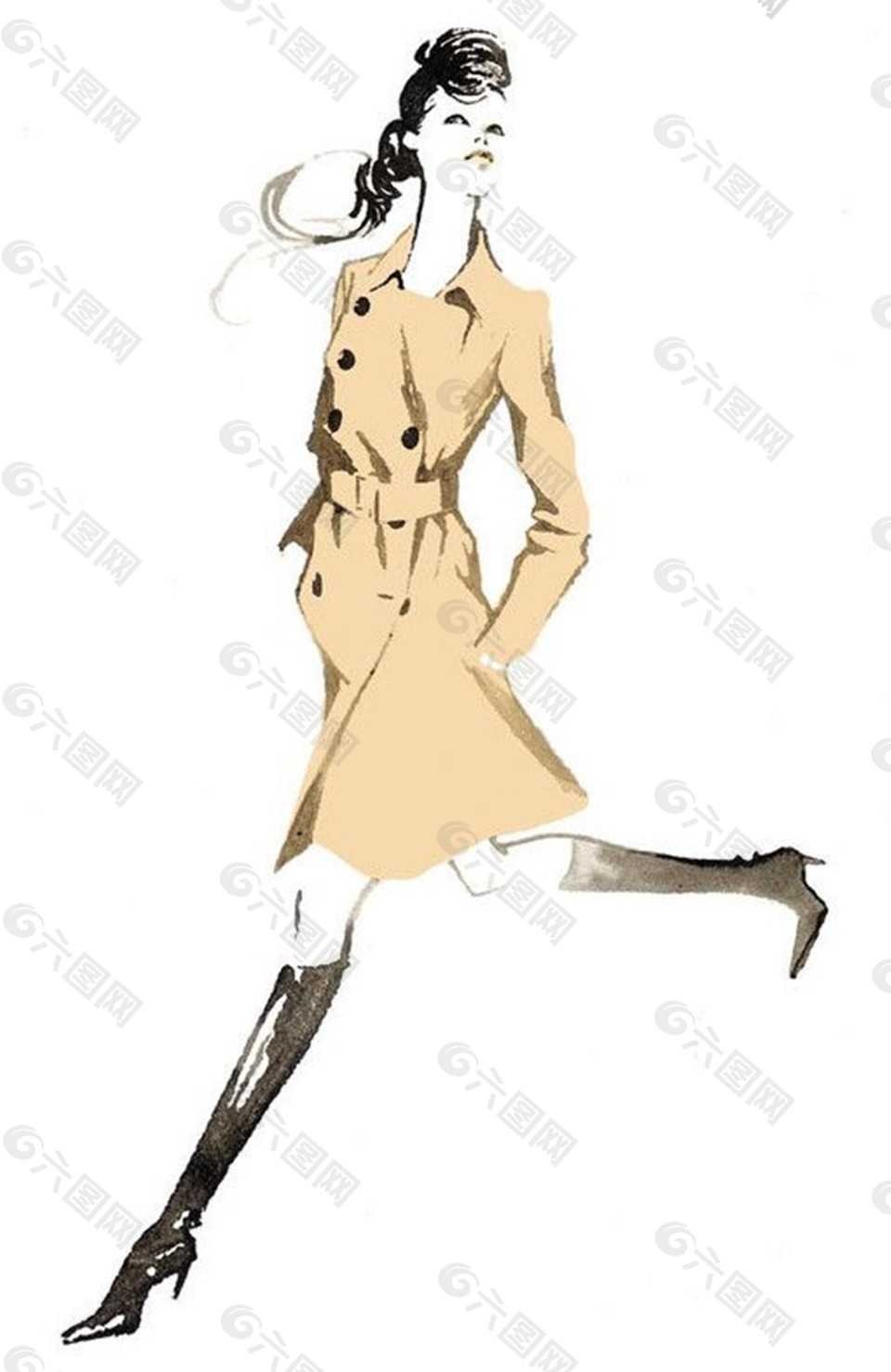 米色纽扣腰带外套设计图