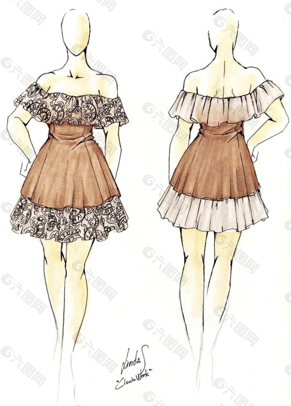 2款露肩连衣裙设计图