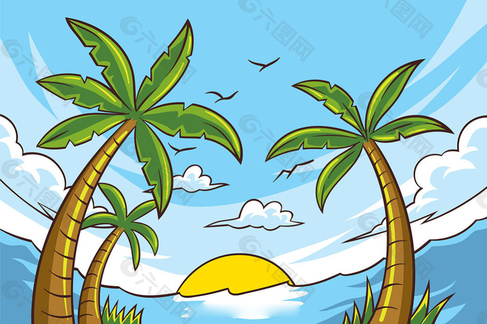 手绘棕榈树海滩背景