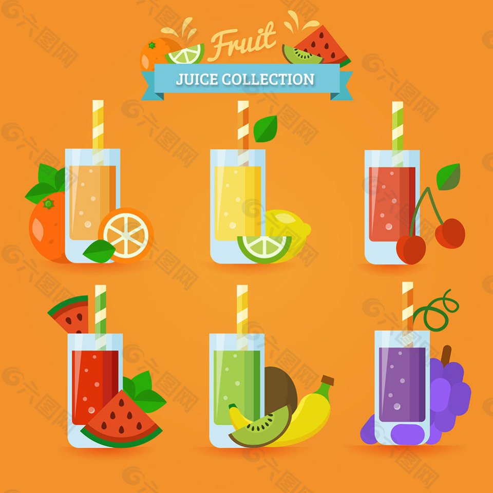 六个扁平风格美味的果汁图标