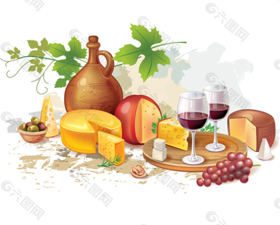 葡萄酒和奶酪与面包矢量素材下载