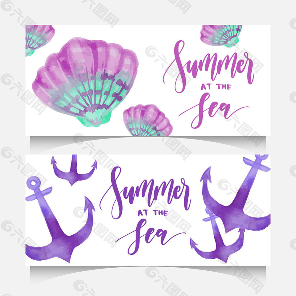 水彩风格夏季贝壳和锚横幅背景