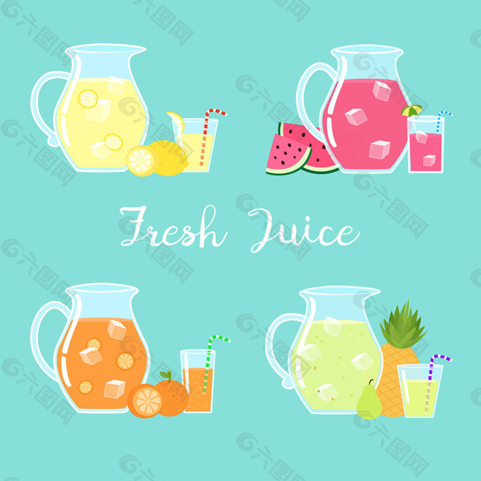 各种美味的果汁平面设计插图