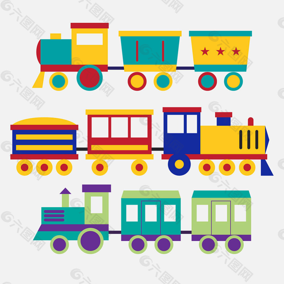 手绘几个卡通风格玩具火车