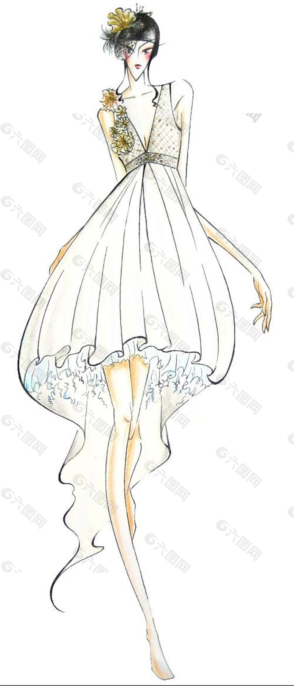 深v长裙设计线稿