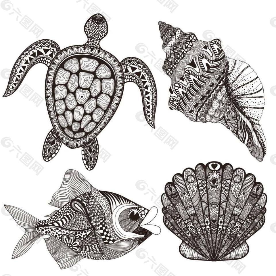 海洋动物花卉装饰图案矢量素材下载
