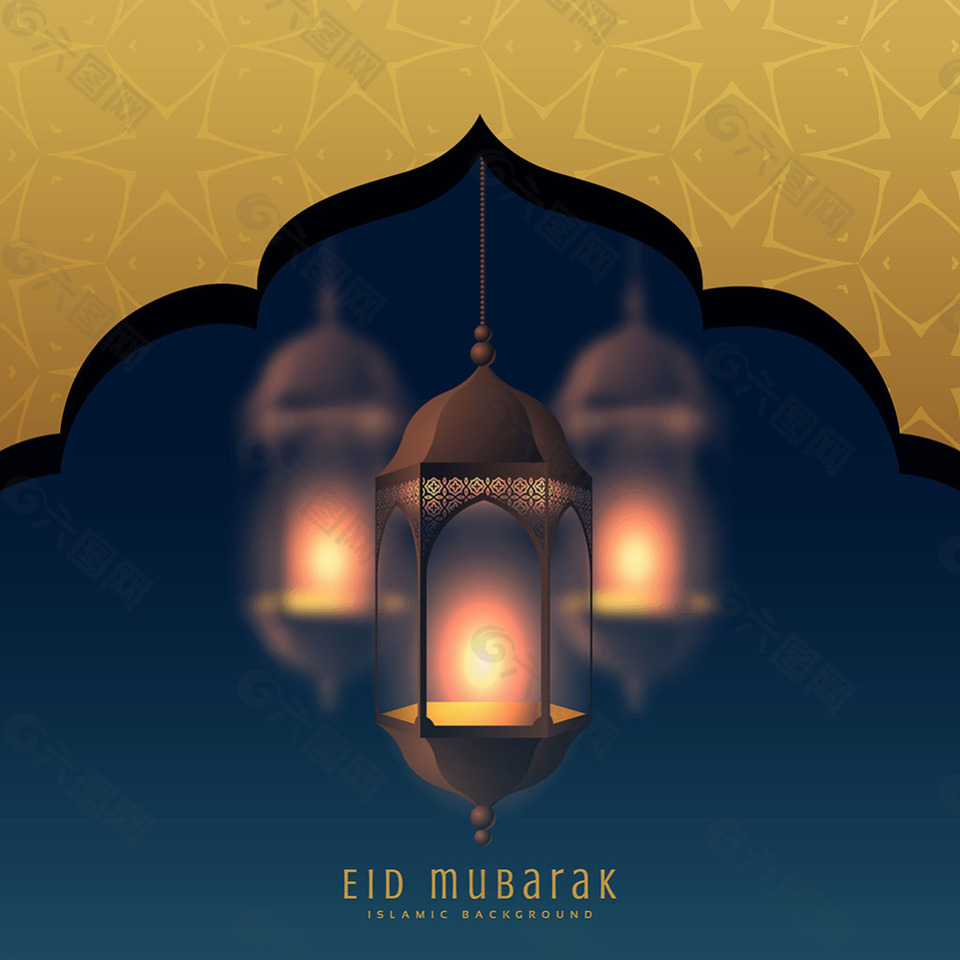 伊斯兰元素灯笼蓝色金色背景