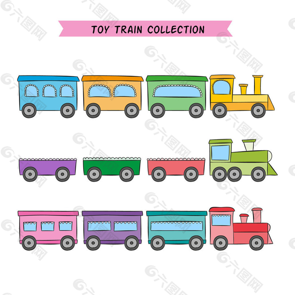 色彩柔和的各种玩具火车插图
