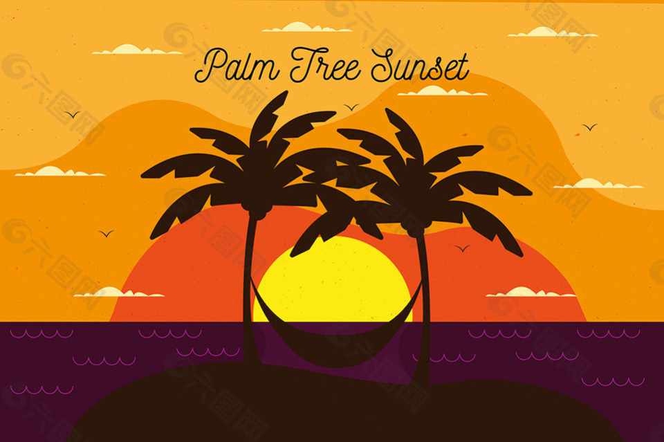 日落风景与椰子树吊床剪影