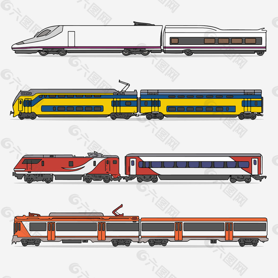 手绘各种火车机车高铁插图